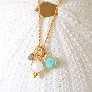 Hand cut Faceted Moonstone, Smoky Quartz and Amazonite Gold Charm Ladies Necklace June Birthstone Christmas Stocking Gift Idea for Girls image 7