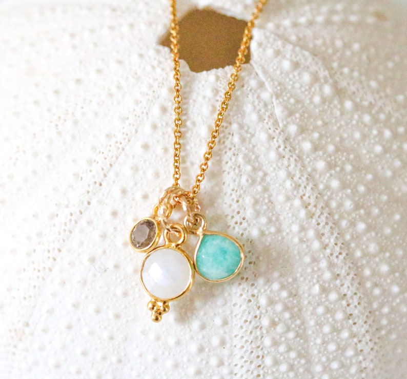 Hand cut Faceted Moonstone, Smoky Quartz and Amazonite Gold Charm Ladies Necklace June Birthstone Christmas Stocking Gift Idea for Girls image 7