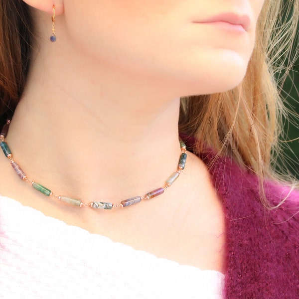 Delicate Pastel Pink, Mauve and Forest Green Indian Agate Rose Gold Chain Necklace Choker Unique Handmade Gift Idea for Ladies