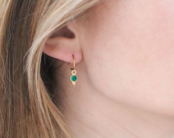 Dainty Mini Green Agate Natural Gemstone Bezel Huggie Hoops in Yellow Gold Vermeil Unique Gift Idea for Ladies