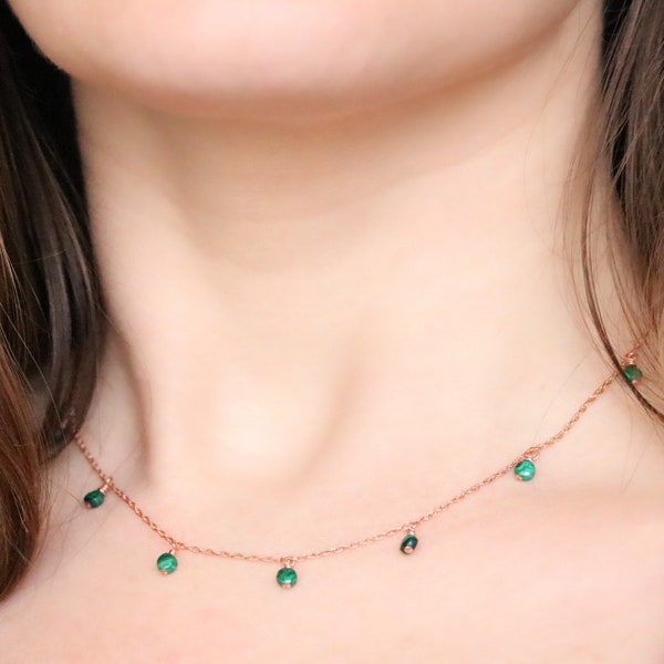 Handmade Rose Gold Malachite Mini Coin Faceted Choker Necklace Unique Valentines Day Gift Idea for Girls