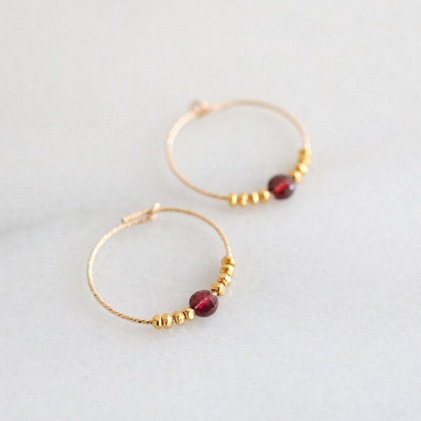 Natural Faceted Garnet Sparkling Textured Gold Hoops January Birthstone Gift Idea for Women