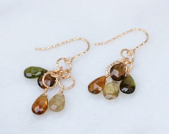 Autumn Shades Faceted Tourmaline Teardrop Gemstones with 14 Carat Gold Fill Hammered Links Earrings October Birthstone Christmas Gift Idea