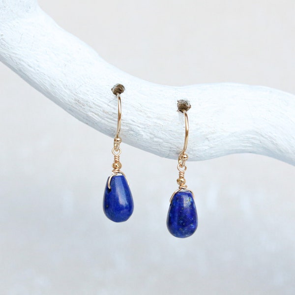 Striking Lapis Lazuli Smooth Drop Earrings with Karen Hill Gold Nugget Beads September Birthstone Gift Idea Delicate Earrings Handmade