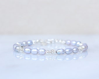 Natural Freshwater Pale Grey Pearl Solid Silver Nugget Bead Bracelet June Birthstone Gift Idea for Girls