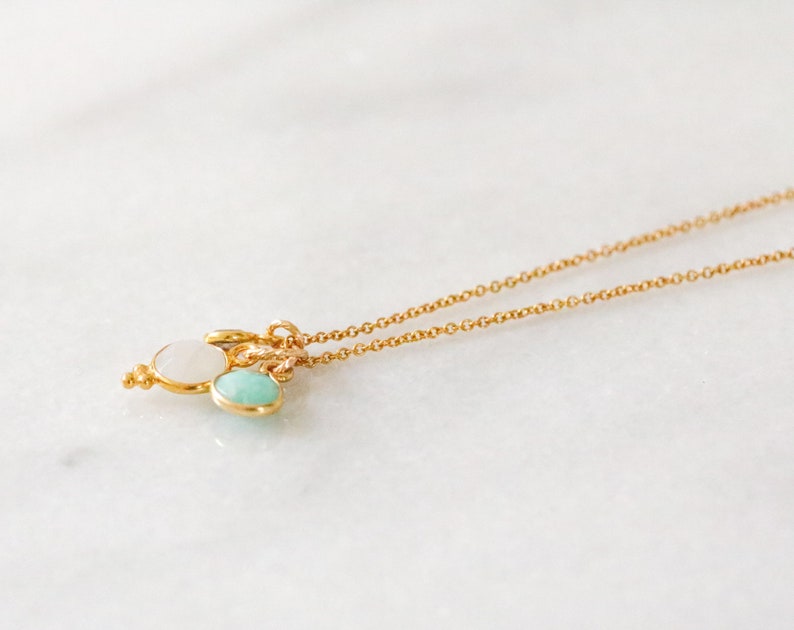 Hand cut Faceted Moonstone, Smoky Quartz and Amazonite Gold Charm Ladies Necklace June Birthstone Christmas Stocking Gift Idea for Girls image 5