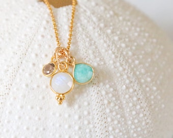 Hand cut Faceted Moonstone, Smoky Quartz and Amazonite Gold Charm Ladies Necklace June Birthstone Christmas Stocking Gift Idea for Girls