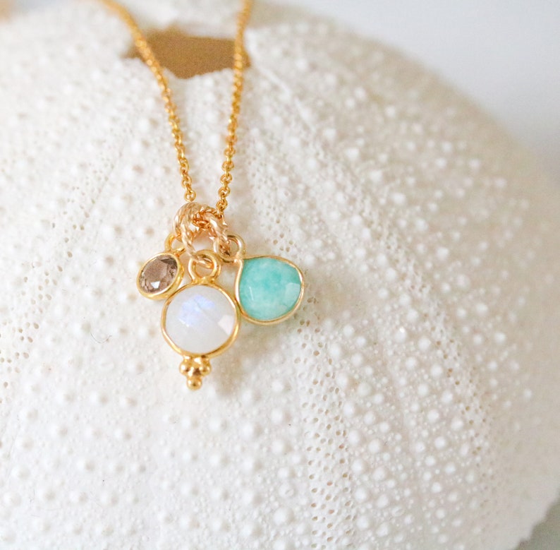 Hand cut Faceted Moonstone, Smoky Quartz and Amazonite Gold Charm Ladies Necklace June Birthstone Christmas Stocking Gift Idea for Girls image 1