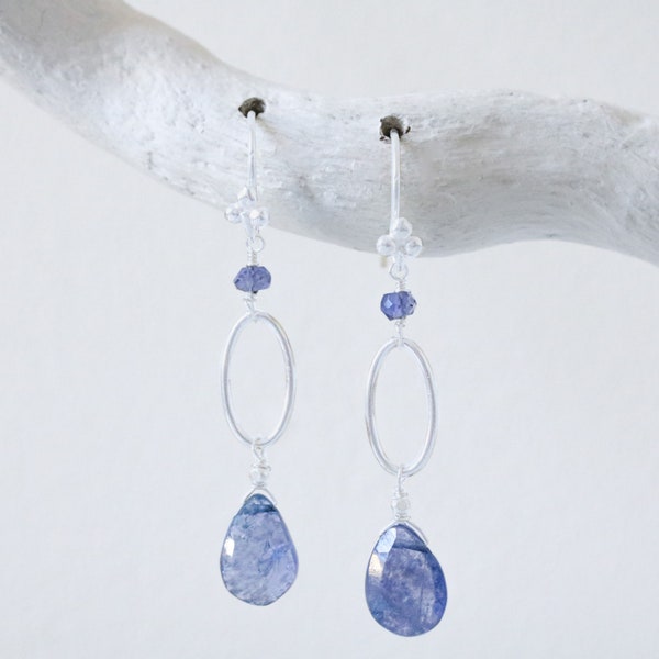 Solid Silver Hand Cut Faceted Iolite Drop Earrings Modern Design Handmade in France Gift Idea for Girls