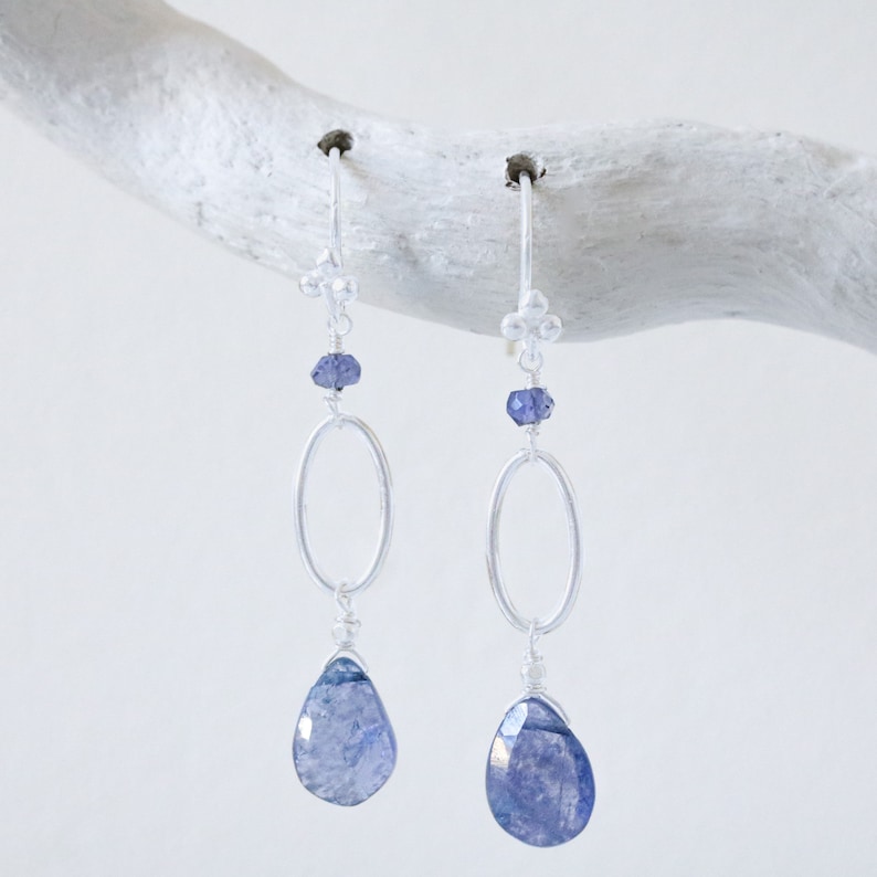Solid Silver Hand Cut Faceted Iolite Drop Earrings Modern Design Handmade in France Gift Idea for Girls image 1