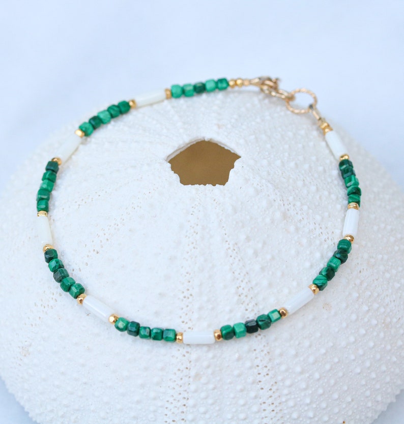 Striking Malachite and Natural White Sea Bamboo 14 carat Gold Filled Bracelet Gift Idea for Women image 5