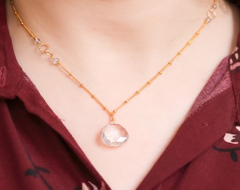 Unique Rutilated Quartz Asymmetric Design Gold Ball Chain Necklace Handmade in Paris April Birthstone Girls Gift Idea