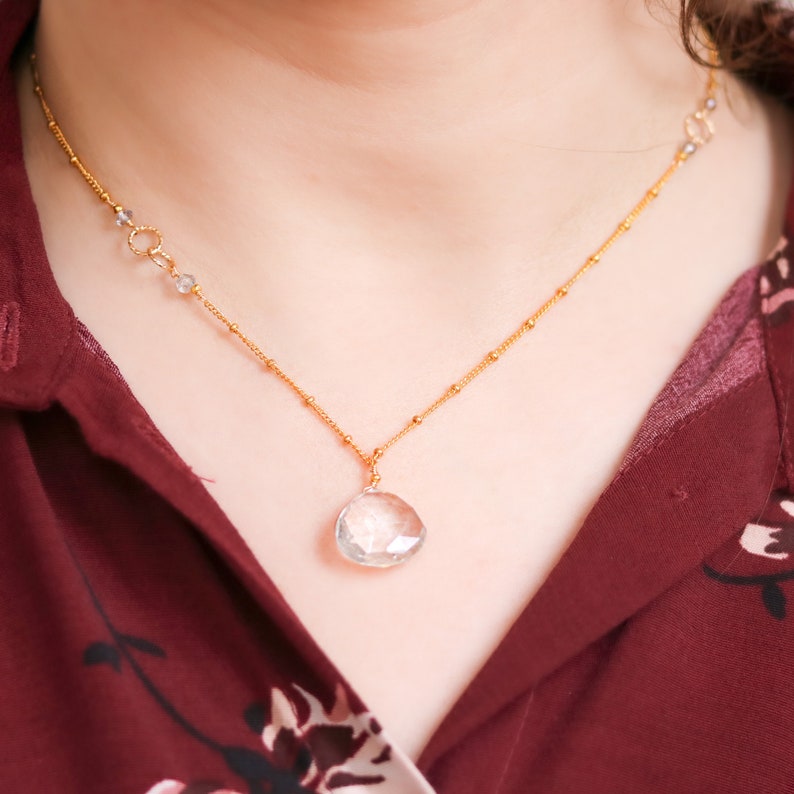 Unique Rutilated Quartz Asymmetric Design Gold Ball Chain Necklace Handmade in Paris April Birthstone Girls Gift Idea image 1