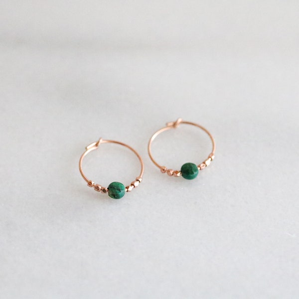 Natural Faceted Malachite Mini Rose Gold Hoops Earrings Valentines Day Gift Idea for Women