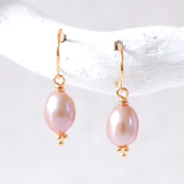 Pink Freshwater Pearl Karen Hill Gold Vermeil Huggie Hoop Earrings Wedding Jewellery June Birthstone Gift Idea for Women