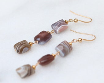 Striking Botswana Agate Gold Fill Statement Drop Earrings Faceted Natural Gemstone Valentines Day Gift Idea for Girls