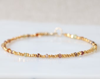 Unique Karen Hill Tribe Gold Vermeil Nugget Bead and Faceted Sapphire Stacking Bracelet Gift Idea for Women Handmade in Paris