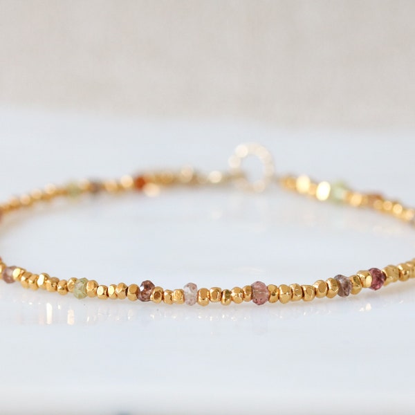Unique Karen Hill Tribe Gold Vermeil Nugget Bead and Faceted Sapphire Stacking Bracelet Gift Idea for Women Handmade in Paris