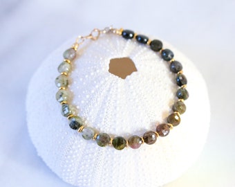 Stunning Ombré Green Tourmaline Karen Hill Tribe Bead & Gold Filled Faceted Gemstone Tennis Bracelet October Birthstone Gift Idea for Girls