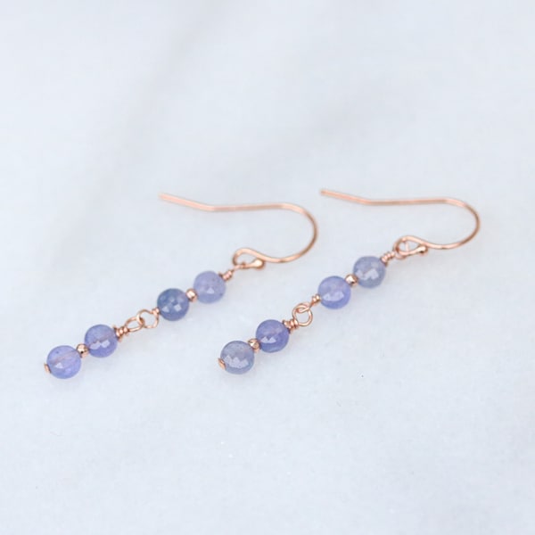 Delicate Tanzanite Faceted Mini Coin Earrings with Rose Gold Karen Hill Tribe Nugget Beads December Birthstone Valentines Day Gift Idea