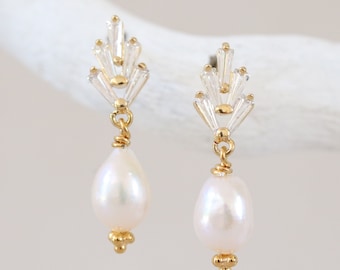 White Freshwater Pearl Karen Hill Gold Vermeil Art Deco Earrings Wedding Jewellery June Birthstone Gift Idea for WomenMothers Day