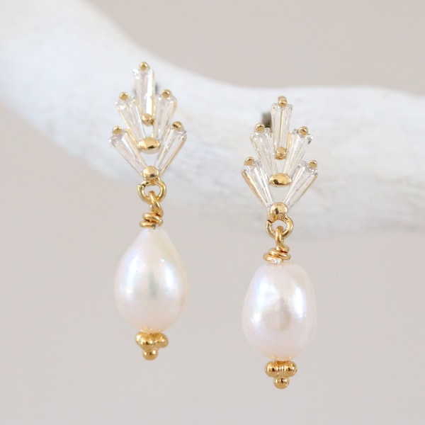 White Freshwater Pearl Karen Hill Gold Vermeil Art Deco Earrings Wedding Jewellery June Birthstone Gift Idea for Women