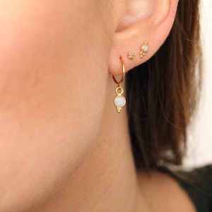 Dainty Mini Faceted Moonstone Bezel Set Gold Vermeil Huggie Hoop Earrings Unique Stocking Filler Christmas Gift Idea for Ladies image 1