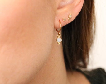 Dainty Mini Faceted Moonstone Bezel Set Gold Vermeil Huggie Hoop Earrings Unique Stocking Filler Christmas Gift Idea for Ladies