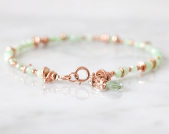 Handmade Rose Gold Green Opal Faceted Gemstone Stacking Bracelet with Tourmaline Teardrop Gemstone Charm October Birthstone Gift Idea Girls