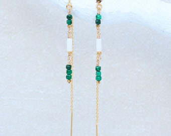 Handmade Natural White Sea Bamboo and Malachite Threader Earrings Unique Gift Idea For Girls in Gold Fill, Rose Gold Fill or Sterling Silver