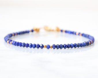Unique Handmade Ladies Blue Lapis Lazuli Karen Hill Tribe Gold Vermeil Clasp Bracelet September Birthstone