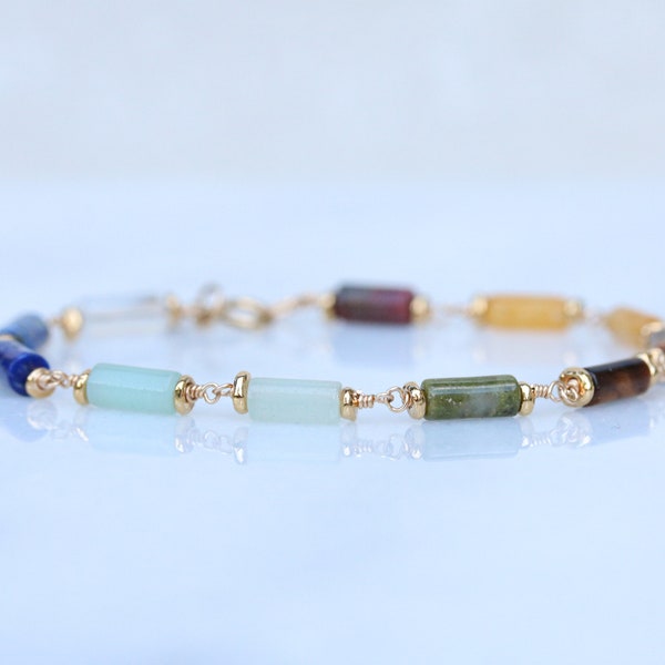 Oversize 7 Chakra Gold Fill Chain Bracelet Karen Hill Tribe Beads Dainty Gift Idea for Ladies Birthday Present Mothers Day Idea