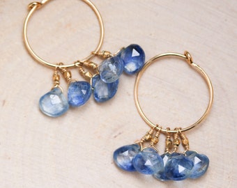 Handmade Faceted Teardrop Kyanite Shimmering Sky Blue Gold Mini Hoop Earrings Birthday Gift Idea for Women