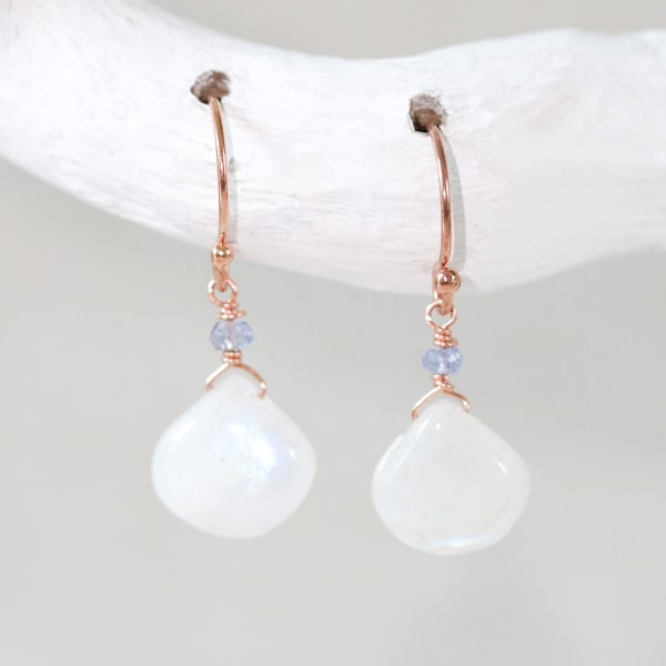 Unique Minimalist Moonstone and Tanzanite Faceted Gemstone Rose Gold Drop Earrings December Birthstone Gift Idea for Women Handmade to Order