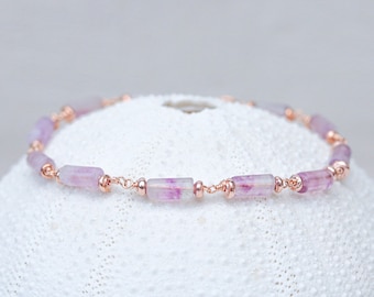 Stunning Natural Fluorite Tube Rose Gold Chain Bracelet Dainty Gift Idea for Ladies