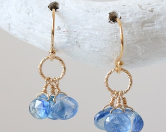 Delicate Hand Cut Faceted Kyanite Gold Filled Textured Hoop Drop Earrings Unusual Design Gift Idea for Girls