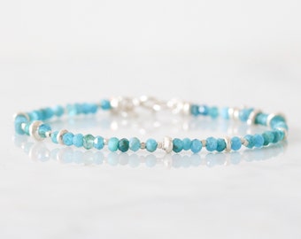 Unique Karen Hill Tribe Silver Nugget Bead and Faceted Apatite Bracelet Wedding Birthday Anniversary Gift Idea for Women Handmade in Paris