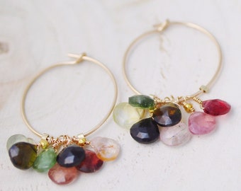 Unique Gold and Pink and Green Natural Faceted Teardrop Tourmaline Drop Hoop Earrings Handmade in Paris