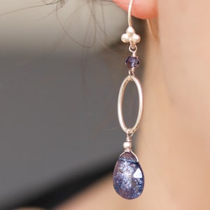 Solid Silver Hand Cut Faceted Iolite Drop Earrings Modern Design Handmade in France Gift Idea for Girls image 3