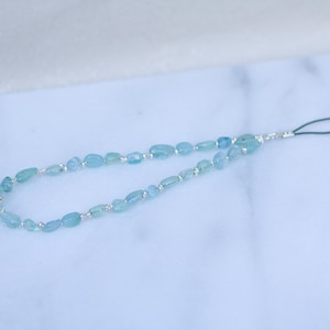 Natural Aquamarine Gemstone Phone Charm Strap – Handmade Minimalist Beaded Wrist Strap with Sterling Silver Accents