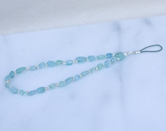 Aquamarine Gemstone Phone Charm: Sterling Silver Accents, Handmade in France