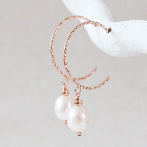 Bridal White Freshwater Pearl Rose Gold Vermeil Hammered Hoop Earrings Wedding Jewellery June Birthstone Gift Idea for Women Bride to Be