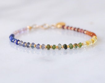 Unique Handmade Rainbow Precious Gemstone and Karen Hill Tribe Gold Vermeil Bracelet Gift Idea Birthstone Holistic Jewellery