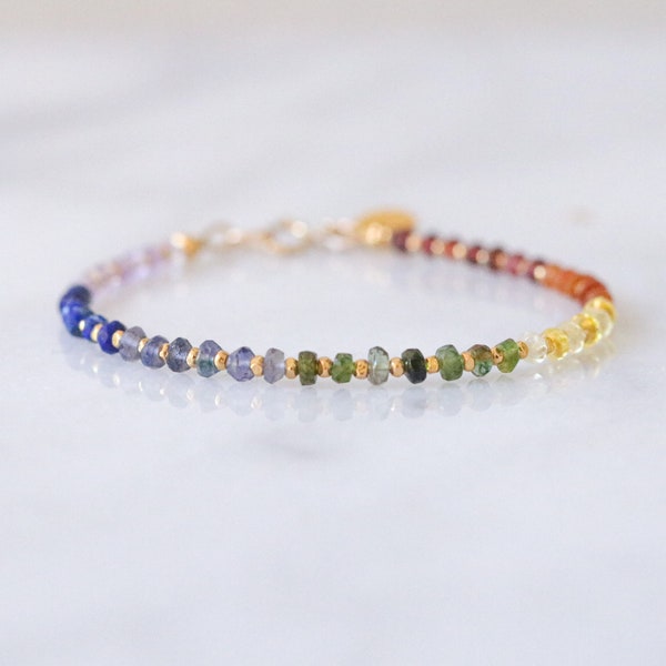 Unique Handmade Rainbow Precious Gemstone and Karen Hill Tribe Gold Vermeil Bracelet Gift Idea Birthstone Holistic Jewellery