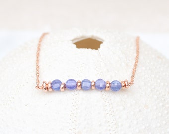 Genuine Tanzanite Coin Gemstone Bar 14ct Rose Gold Fill Horizontal Necklace with Extender Chain for Perfect Fit Unique Gift Idea for Woment