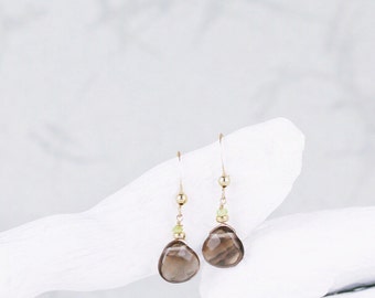 Unique Minimalist Gold Smoky Quartz Faceted Gemstone Drop Earrings Gift Idea for Women Handmade to Order