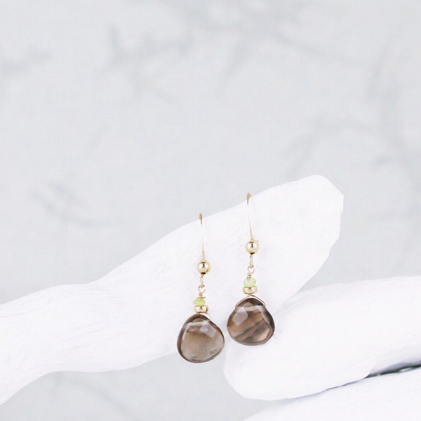Unique Minimalist Gold Smoky Quartz Faceted Gemstone Drop Earrings Gift Idea for Women Handmade to Order