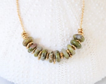 Natural Unakite Jasper Rondelle 14ct Gold Fill Necklace with Extender Chain for Perfect Fit Unique Gift Idea for Women