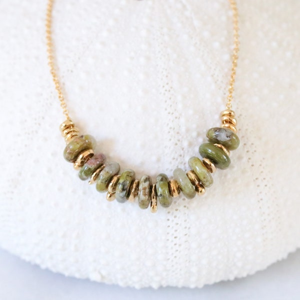 Natural Unakite Jasper Rondelle 14ct Gold Fill Necklace with Extender Chain for Perfect Fit Unique Gift Idea for Women
