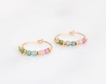 Natural Multicoloured Tourmaline Mini Gold Hoops October Birthstone Valentines Day Gift Idea for Women